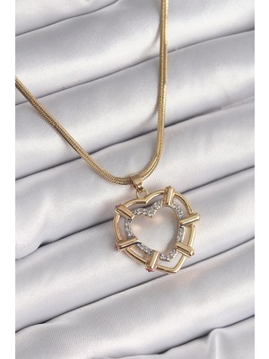 Luord - Store 316L Çelik Gold Renk Italyan Zincir Mix Renk Zirkon Taşlı Kalp Model Kadın Kolye