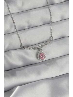 Luord - Store 316L Çelik Gümüş Renk Pembe Zirkon Taşlı Damla Kolye