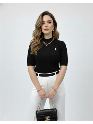 Saç Örgü Polo Nakışlı T-Shirt