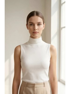 Lux Store Kadın Beyaz Kolsuz Balıkçı Yaka Basic Bluz