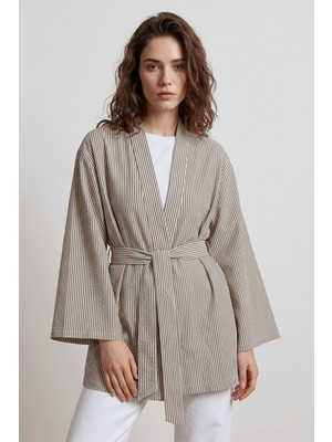 Saade Kahve Kadın Dikey Çizgili Geniş Kollu Şık Yazlık Relaxed Kimono