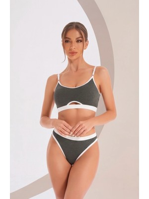 Lux Store Kadın Gri Antrasit Kaşkorse ve Beyaz Lastikli Cut-Out Tanga Külotlu Takım – Modern, Konforlu
