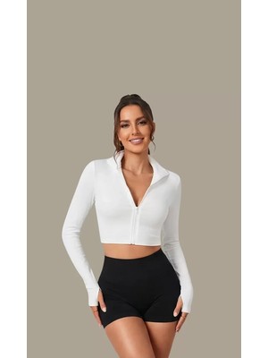 Lux Store Kadın Beyaz Uzun Kol Fermuarlı Parmak Geçme Detaylı Dik Yaka Crop Top Bluz