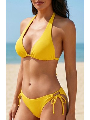 Lux Store Kadın Sarı Belden, Boyundan Bağlamalı ve Ayarlanabilir Külotlu Üçgen Bikini Mayo Takımı – Modern, Konforlu ve Günlük Kombinlere Uygun