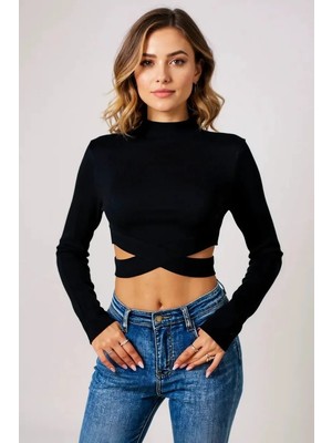 Lux Store Kadın Siyah Çapraz Bel Detaylı Dik Yaka Uzun Kol Crop Top Bluz – Şık, Rahat ve Kolay Kombinlenebilir