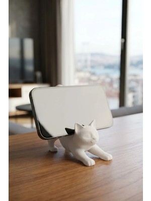Beyaz Kedi Telefon Tablet Tutucu 10 x 10 cm