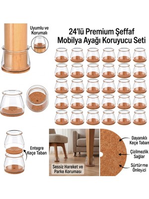 24 Adet Yuvarlak Ses Çıkartmayan Sandalye Pabucu – 3 cm Taban x 3.4 cm Yükseklik Şeffaf Silikon