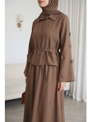 Moda Morfo Kolları ve Eteği Çiçekli Beli Bağcıklı Gömlek Etek Ikili Modal Takım  -Kahve