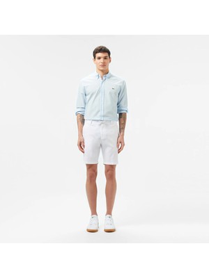 Velmora Lacoste Erkek Regular Fit Keten Beyaz Bermuda Şort