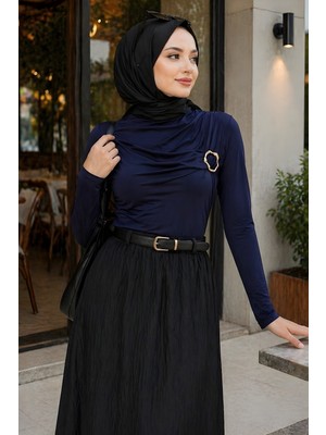 İmaj Butik Lacivert Ön Aksesuar Tokalı Sandy Bluz