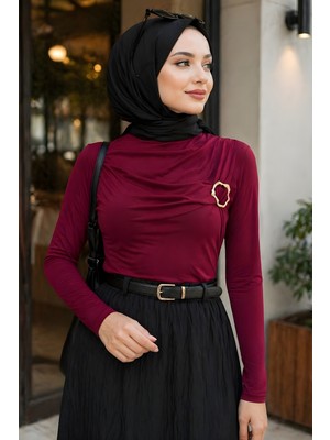 İmaj Butik Bordo Ön Aksesuar Tokalı Sandy Bluz