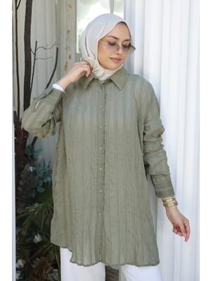 İmaj Butik Haki Çizgili Salaş Gömlek