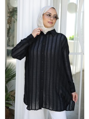 İmaj Butik Siyah Çizgili Salaş Gömlek