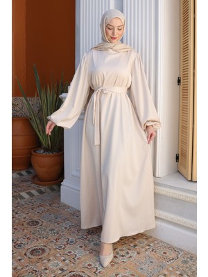 İmaj Butik Bej Balon Kol Taşlı Saten Abiye Elbise
