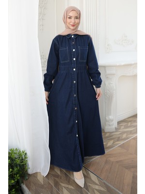 İmaj Butik Lacivert Kol Lastikli Düğmeli Kot Elbise