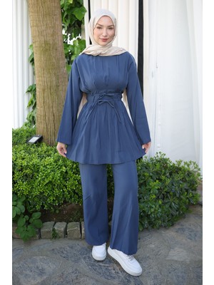 İmaj Butik Lacivert Bel Bağlamalı Tunik Pantolonlu Modal Takım