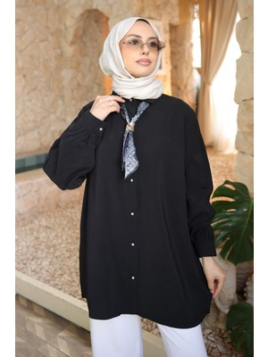 İmaj Butik Siyah Etnik Fularlı Modal Dokuma Gömlek