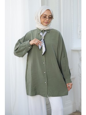 İmaj Butik Haki Etnik Fularlı Modal Dokuma Gömlek