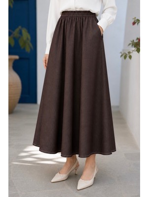 İmaj Butik Kahverengi Bel Lastikli Cepli Etek