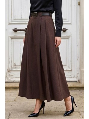 İmaj Butik Kahverengi Kemerli Pileli Etek