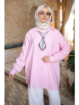 İmaj Butik Pembe Etnik Fularlı Modal Dokuma Gömlek