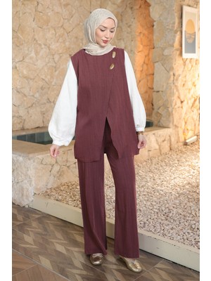 İmaj Butik Bordo Düğme Detaylı Yelek Pantolon Keten Takım