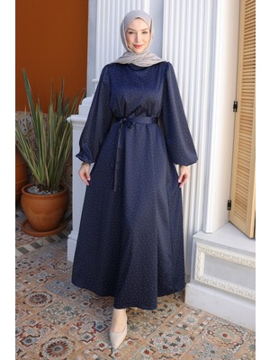 İmaj Butik Lacivert Balon Kol Taşlı Saten Abiye Elbise