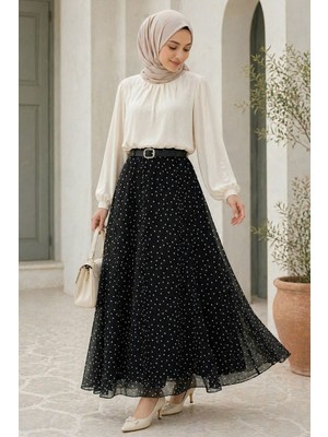 İmaj Butik Siyah Kemerli Puantiyeli Şifon Etek