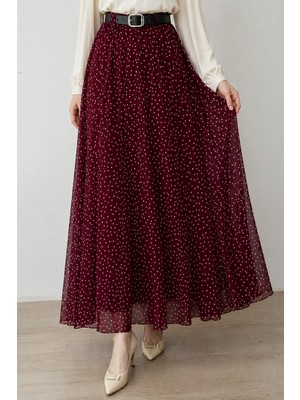 İmaj Butik Mürdüm Kemerli Puantiyeli Şifon Etek