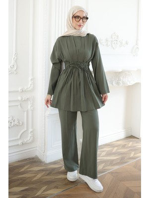 İmaj Butik Haki Bel Bağlamalı Tunik Pantolonlu Modal Takım