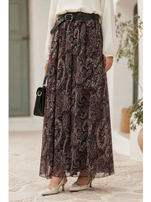 İmaj Butik Mürdüm Kemerli Desenli Şifon Etek