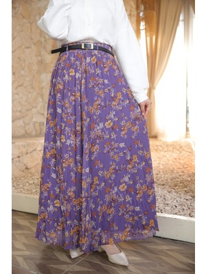 İmaj Butik Mor Bel Lastikli Desenli Şifon Etek