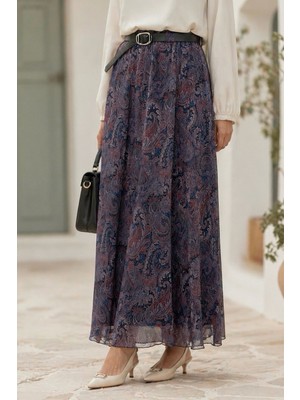 İmaj Butik Lacivert Kemerli Desenli Şifon Etek
