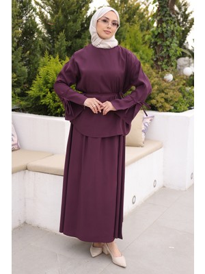 İmaj Butik Mürdüm Bağcık Detaylı Etekli Takım