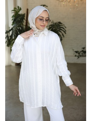 İmaj Butik Ekru Çizgili Salaş Gömlek