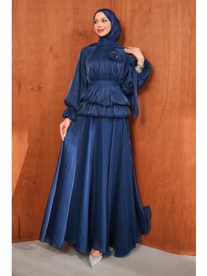İmaj Butik Lacivert Balon Kol Abiye 2024 İlkbahar - Yaz Sezonu İçin Hafif ve Parlak Tasarım