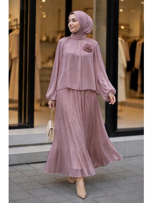 İmaj Butik Pudra Kol Lastikli Bronş Detaylı Bluz Etekli Takım