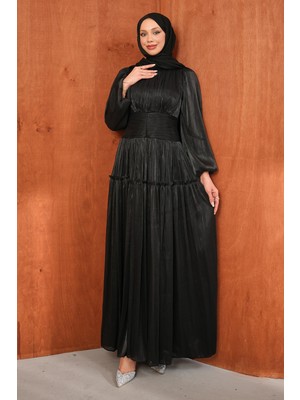 İmaj Butik Siyah Bel Büzgülü Katlı Abiye