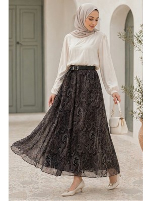 İmaj Butik Siyah Kemerli Desenli Şifon Etek