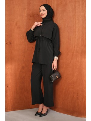 İmaj Butik Siyah Bel Bağlamalı Tunik Pantolonlu Takım