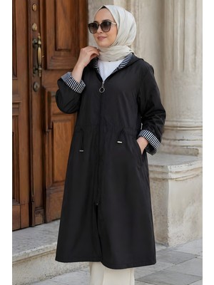 İmaj Butik Siyah Cepli Kapşonlu Büyük Beden Trençkot