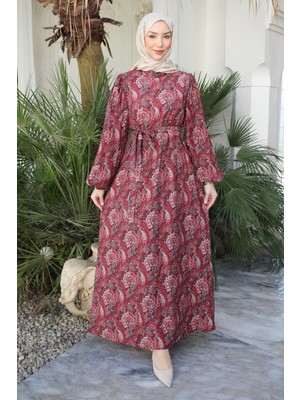 İmaj Butik Bordo Balon Kol Desenli Viscon Elbise