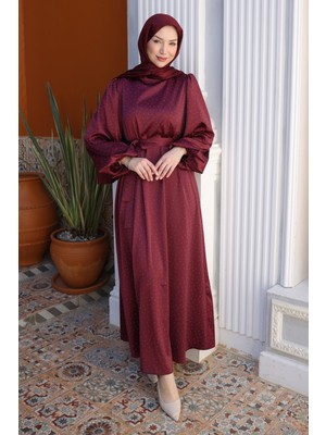 İmaj Butik Mürdüm Balon Kol Taşlı Saten Abiye Elbise