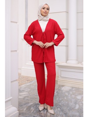İmaj Butik Kırmızı Ön Bağlamalı Bürümcük Kimono Pantolonlu Takım
