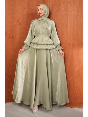 İmaj Butik Mint Yeşili Balon Kol Bel Detaylı Abiye