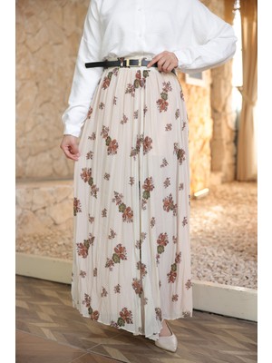 İmaj Butik Krem Bel Lastikli Desenli Şifon Etek