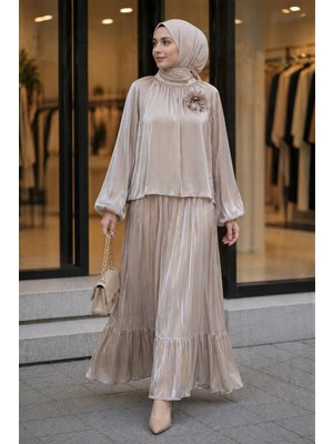 İmaj Butik Bej Kol Lastikli Bronş Detaylı Bluz Etekli Takım
