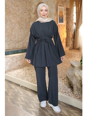 İmaj Butik Antrasit Bel Bağlamalı Tunik Pantolonlu Modal Takım
