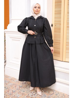 İmaj Butik Siyah Kemerli Düğmeli Gömlek Etekli Takım