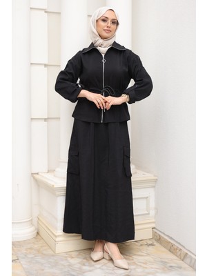 İmaj Butik Siyah Fermuarlı Ceket Kargo Cepli Etekli Takım